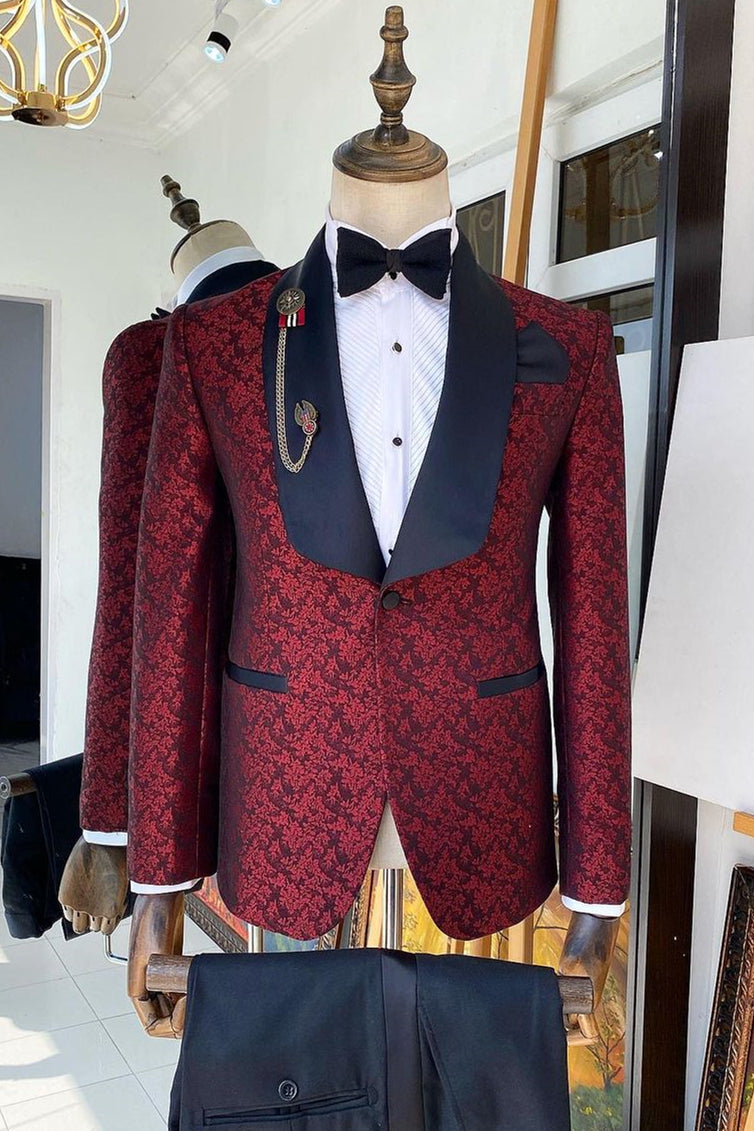 Red Jacquard Wedding Suit with Navy Shawl Lapel and Pants