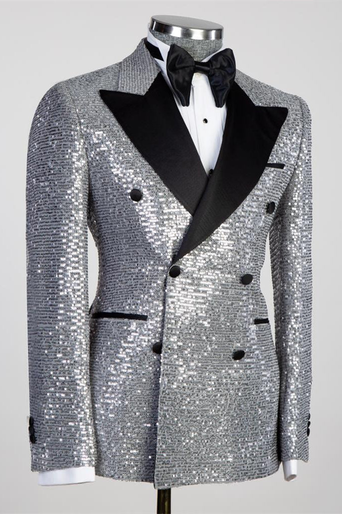 Silver Sequin Black Peaked Lapel Double-Breasted Men's Suit