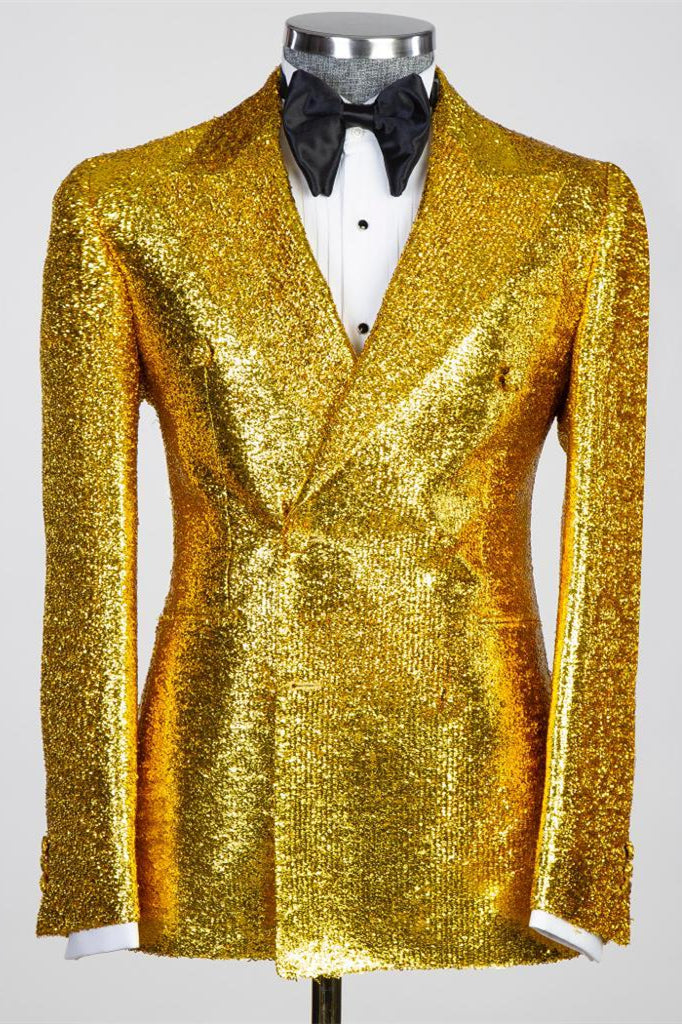 Gold Sequin Peaked Lapel Double-Breasted Prom Suit