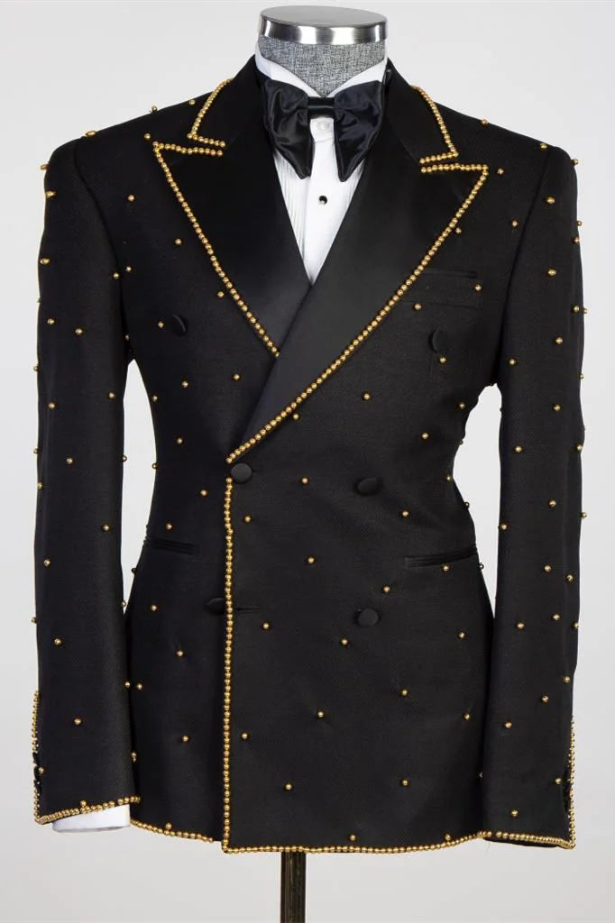 Black Peaked Lapel Double-Breasted Prom Suit with Gold Beading