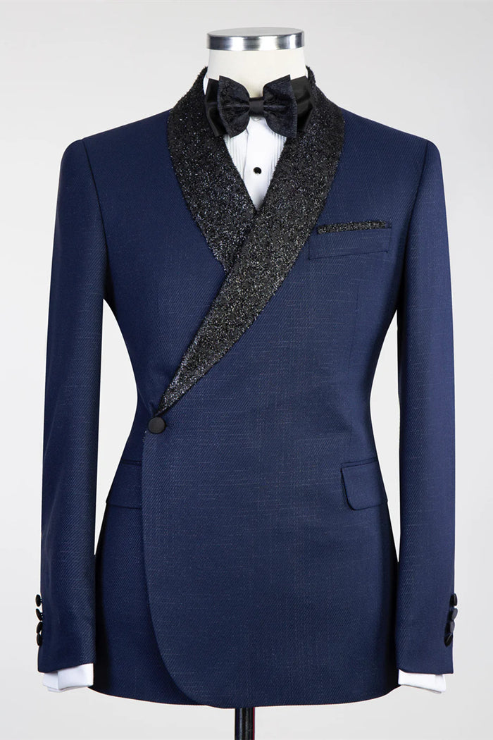 Side One-Button Sparkling Black Lapel Navy Blue Men's Suit
