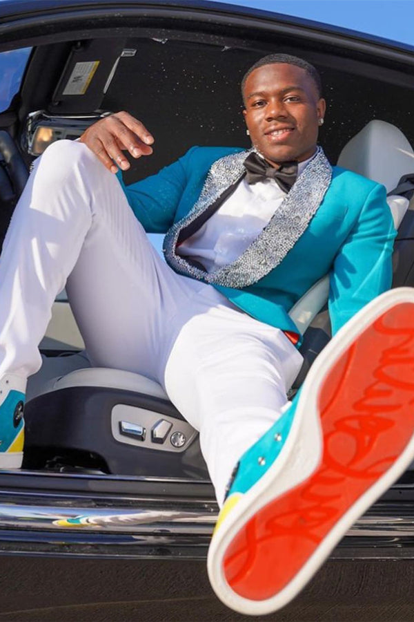 Sky Blue Shawl Lapel Prom Suit with White Beading and Pants