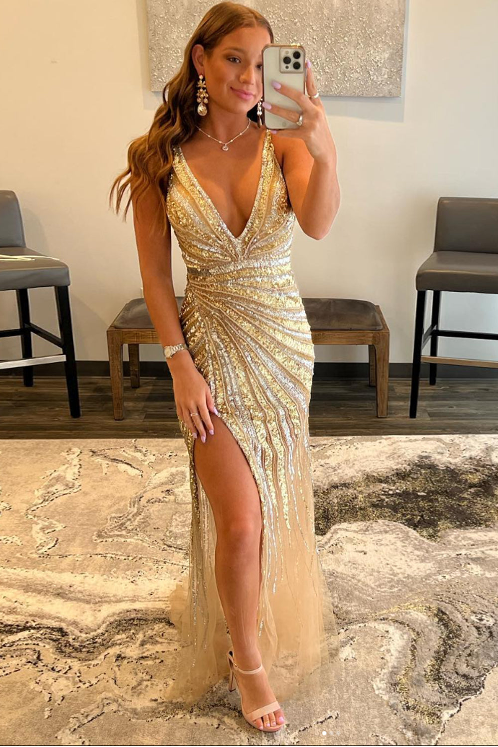 Sparkly Mermaid V-Neck Sequins Long Golden Prom Dress with Slit