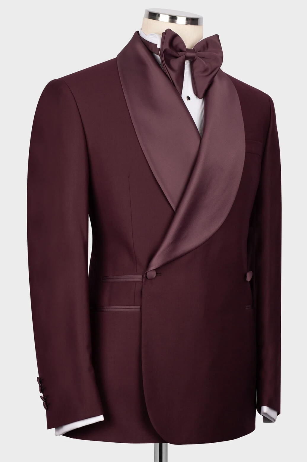 Burgundy Satin Shawl Lapel Slim Fit Prom & Wedding Suit