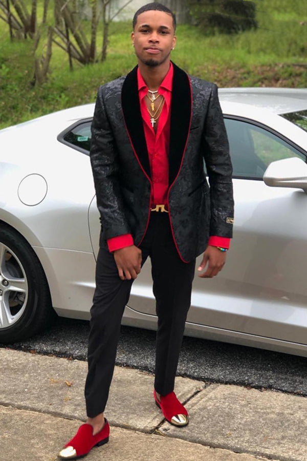 Black Jacquard Prom Suit with Velvet Shawl Lapel