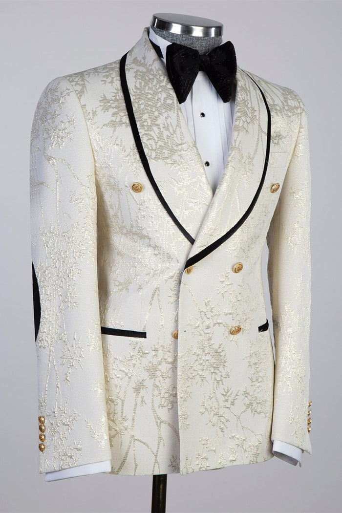Off-White Shawl Lapel Double-Breasted Jacquard Prom Suit