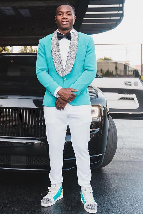 Sky Blue Shawl Lapel Prom Suit with White Beading and Pants