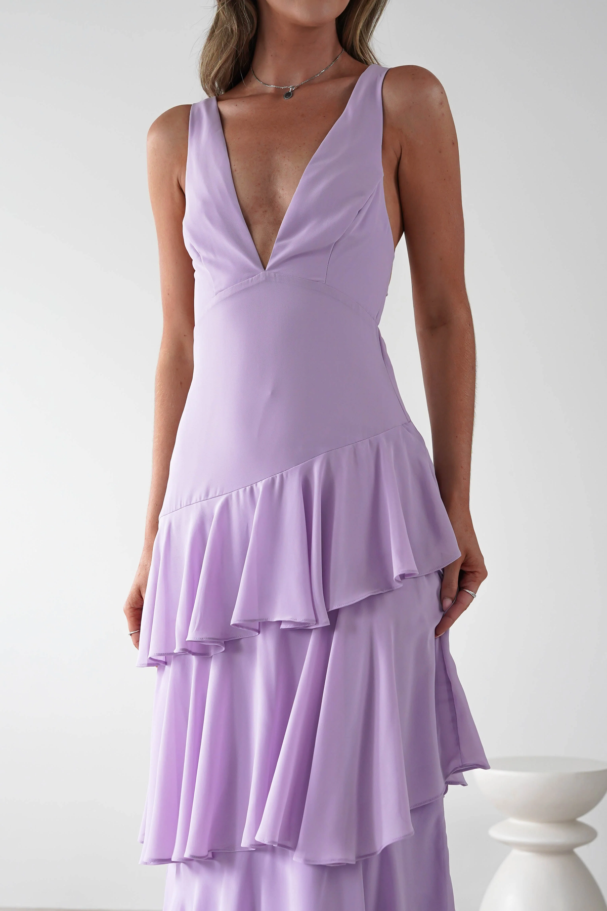 Timeless Lilac V-Neck Spaghetti-Straps Sleeveless Prom Dresses Backless With Pleats