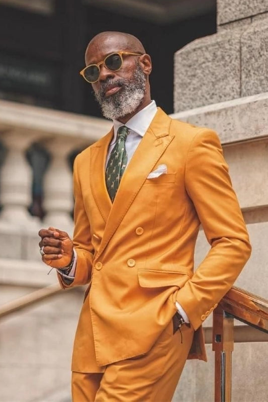 Handsome Orange Peaked Lapel Double-Breasted Prom Suit