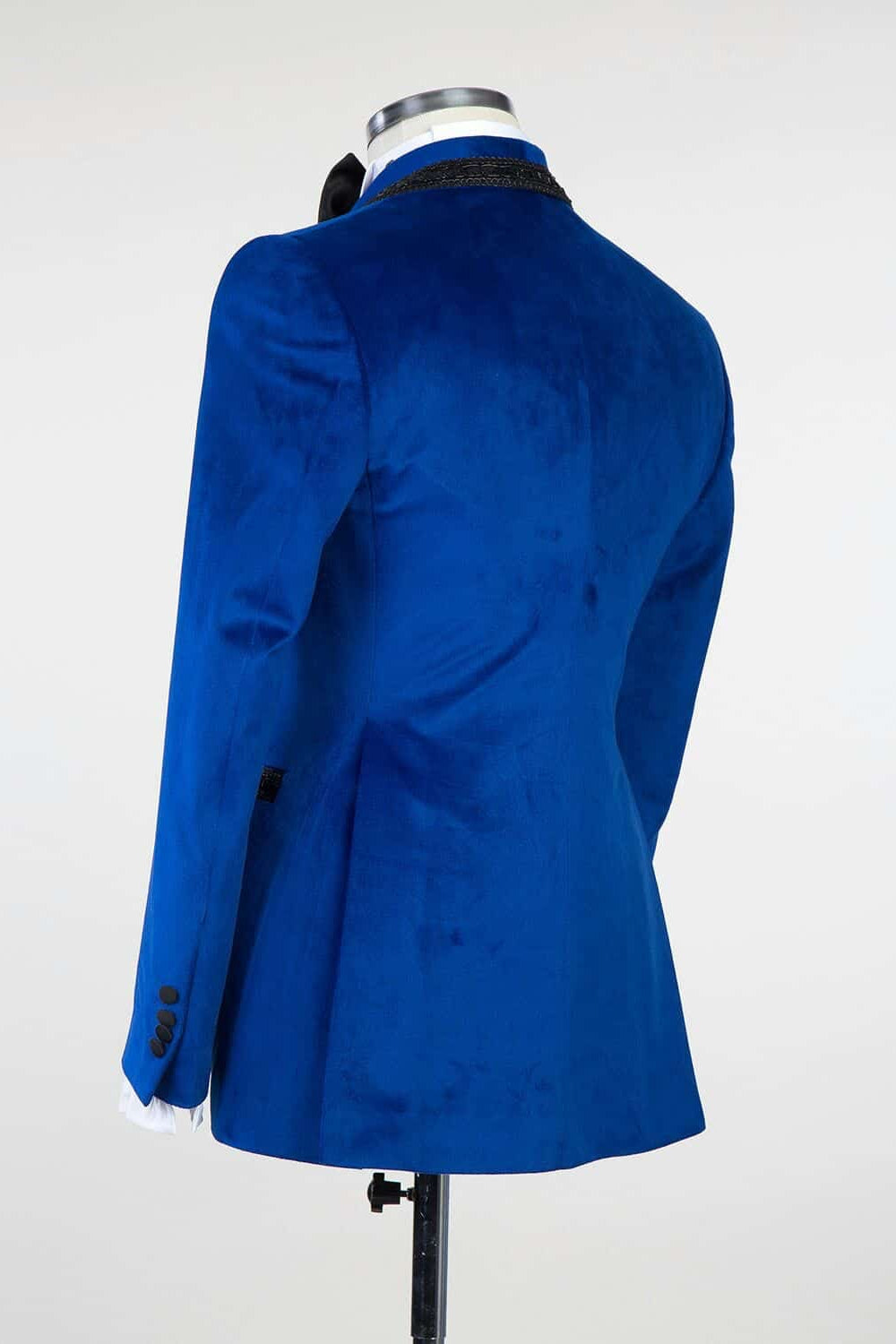 Royal Blue Velvet Knitted Button Prom Suit with Black Chains