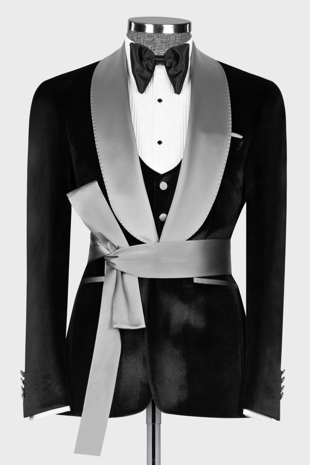 Silver Sash Shawl Lapel Black Velvet 3-Piece Prom Tuxedo for Weddings