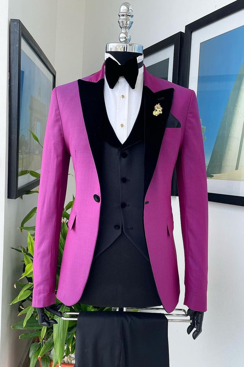 3-Piece Men's Suit with Black Velvet Lapel