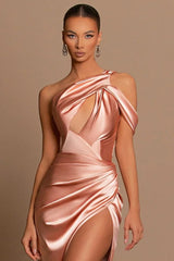 Long Satin One Shoulder Mermaid Prom Dress With Slit