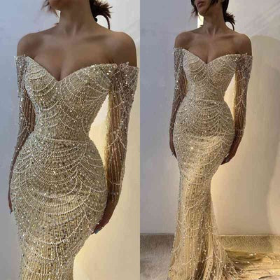 Beautiful Off-the-Shoulder Long Sleeves Prom Dress Mermaid Pearls With Beads