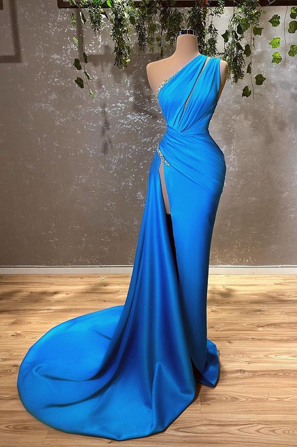 Blue Long One Shoulder Satin Mermaid Prom Dress With Split