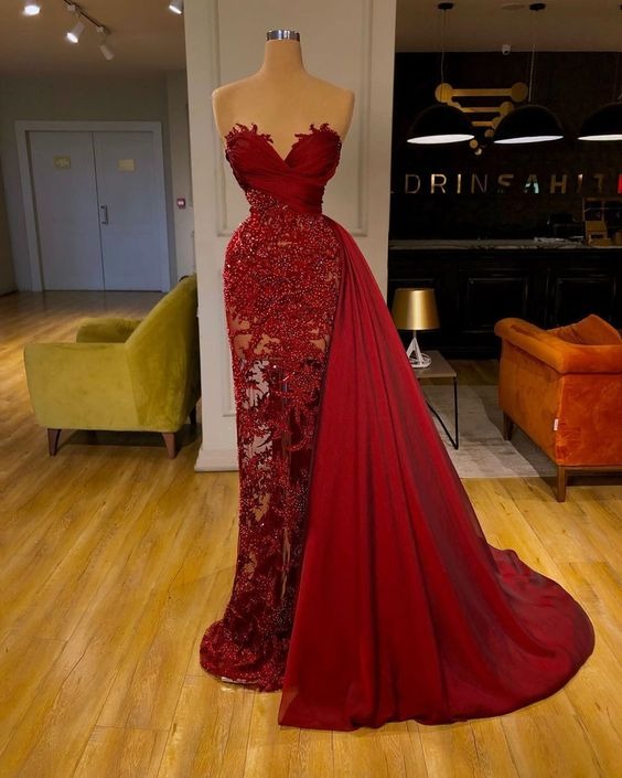 Burgundy Long Mermaid Lace Prom Dress with Detachable Train