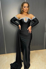 Chic Black Long Mermaid Beads Prom Dresses with Sleeves