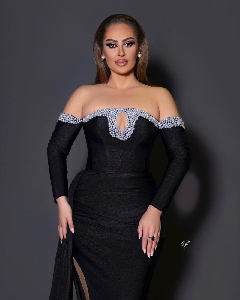 Chic Black Long Mermaid Beads Prom Dresses with Sleeves