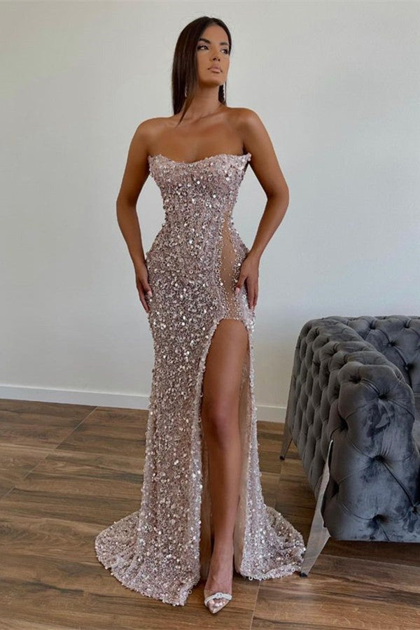 Chic Long Mermaid Sequined Floor Length Strapless Prom Dress with Front Slit