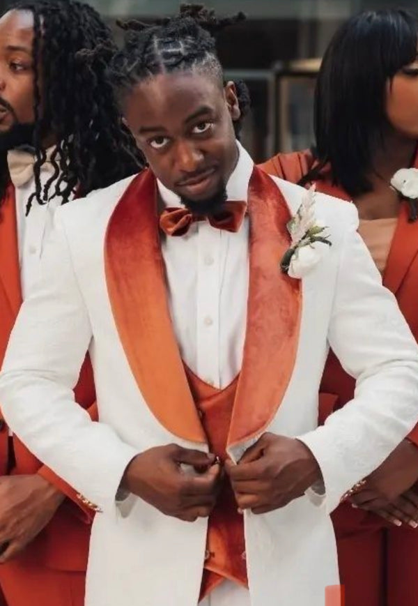 Cream Slim Fit Marriage Suits Casual Suits With Orange Lapels-showprettydress