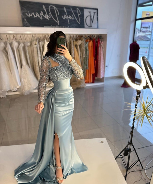 Dusty Blue Long Sleeves High Neck Mermaid Formal Prom Dress With Sequins