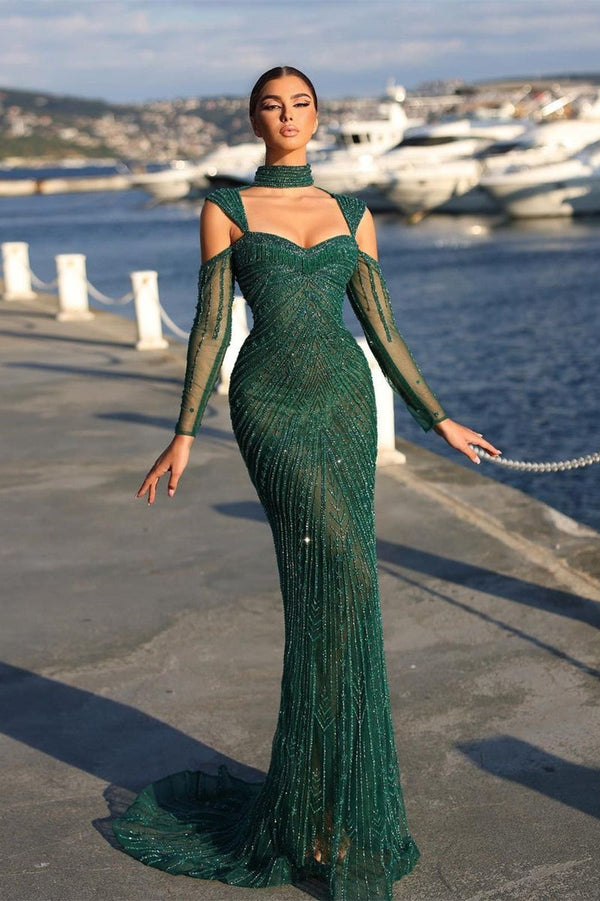 Dark Green Long Mermaid Beading Off-the-shoulder Formal Prom Dress With Sleeves