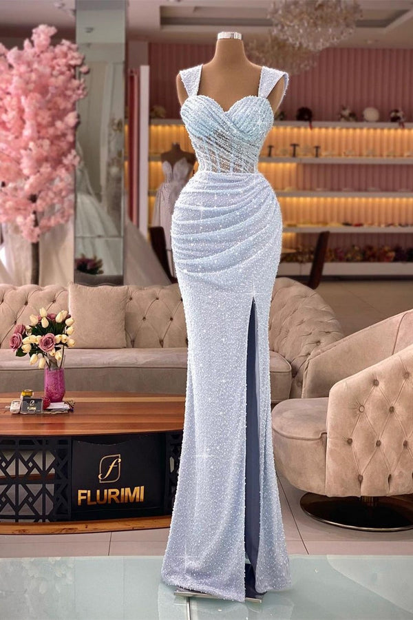 Elegant Long Mermaid Sweetheart Sequined Sleeveless Prom Dress With Slit