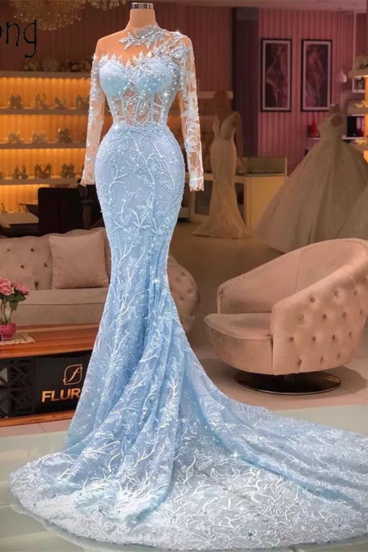 Elegant Sky Blue Long Mermaid High Neck Tulle Lace Prom Dress With Sleeves