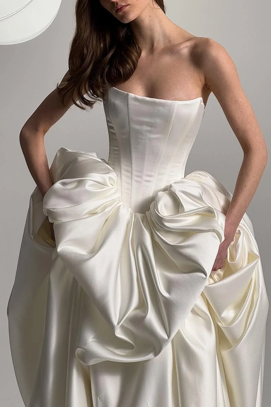 Exquisite Ivory Satin Sleeveless Strapless Long Wedding Dress with Ruffles