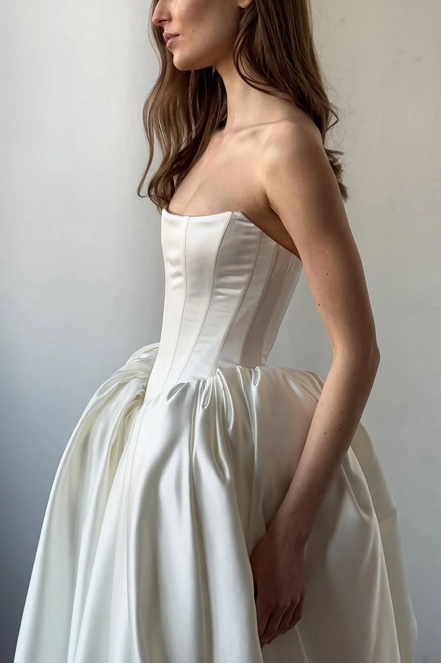 Exquisite Ivory Satin Sleeveless Strapless Long Wedding Dress with Ruffles