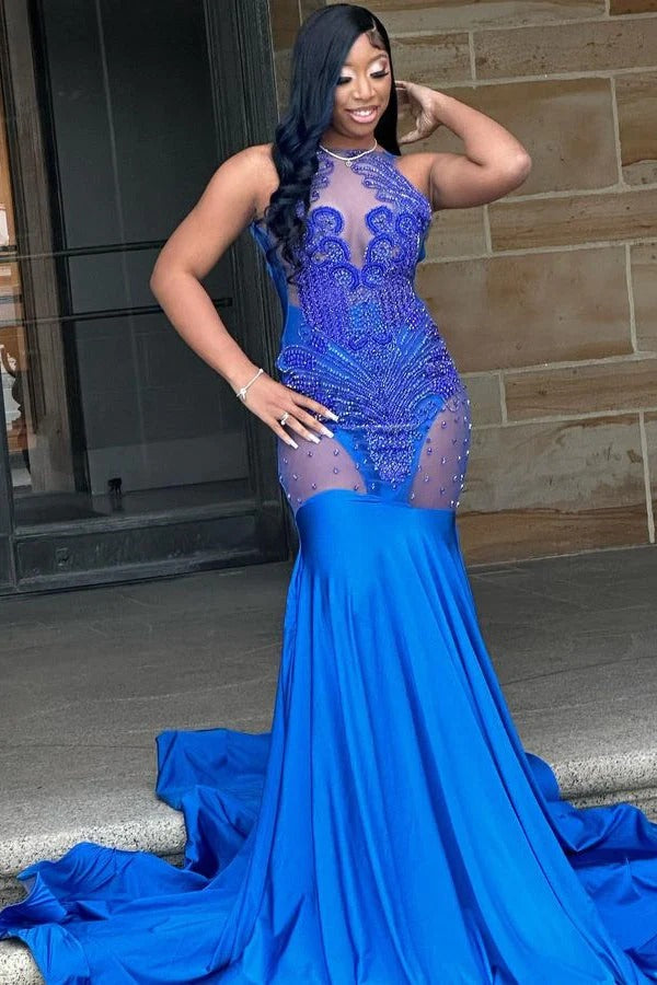 Glorious Royal Blue Long Mermaid Halter Lace Sleeveless Formal Prom Dresses
