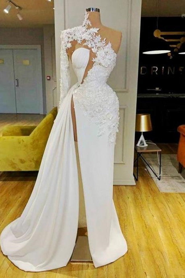 White Long One Shoulder Appliques Lace Mermaid Front Slit Prom Dress With Sleeves
