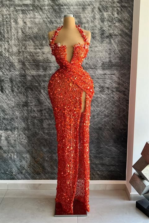 Halter Sequin Mermaid High Split Floor Length V-neck Sparkle Prom Dresses