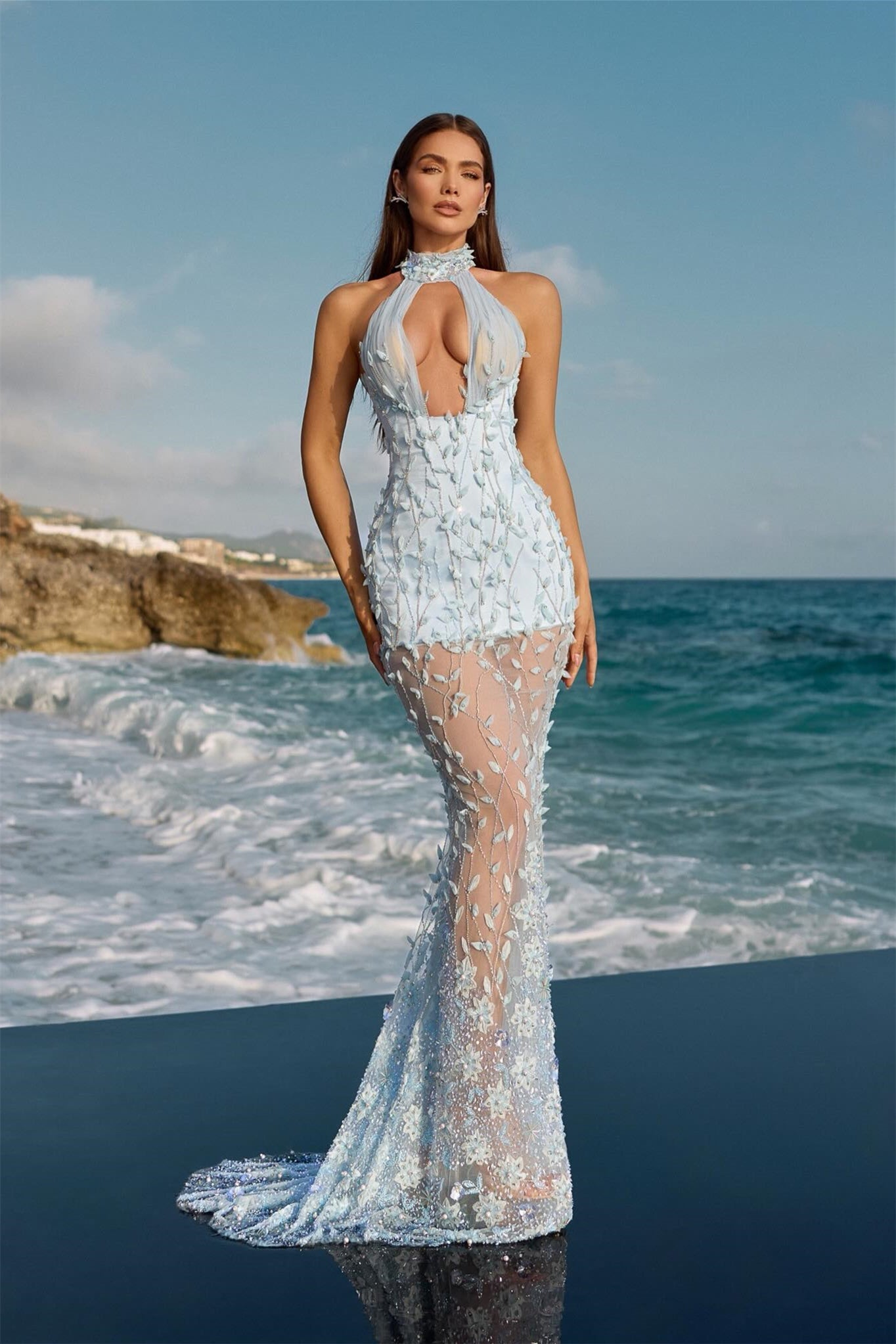 Timeless Sky Blue Halter Sleeveless Mermaid Prom Dresses Beads Pearl Leaf Decor With Lace-Up Back