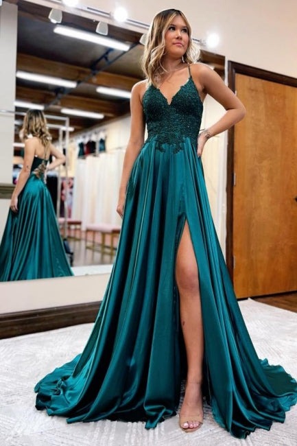 Long A-line Spaghetti Straps Satin Lace Front Slit Prom Dresses with Pockets
