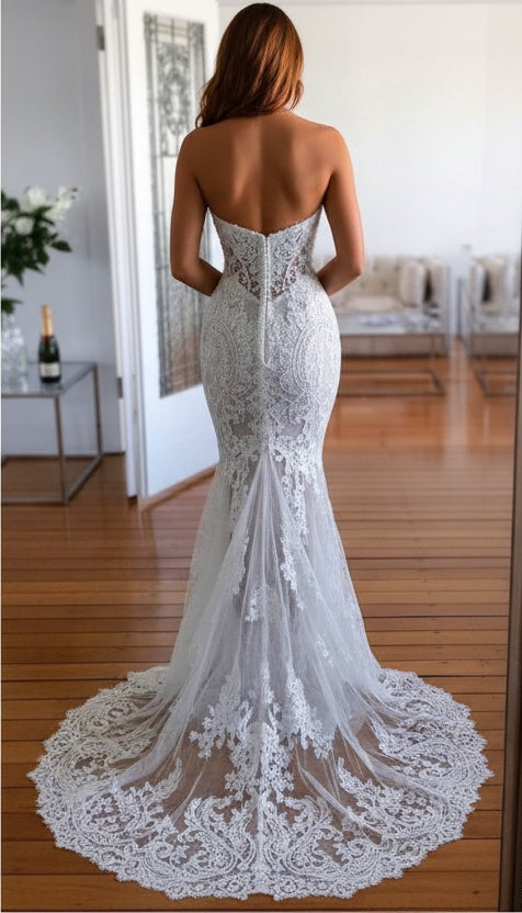 Long Mermaid Sweetheart Lace Appliques See through Wedding Dress