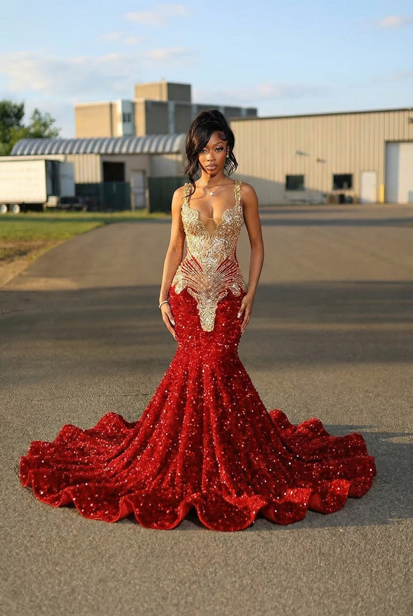 Long Sequins Mermaid Sleeveless Red Formal Prom Dress