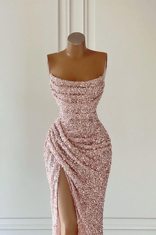 New Arrival Long Mermaid Pink Sequins Sleeveless Formal Evening Dresses With Split