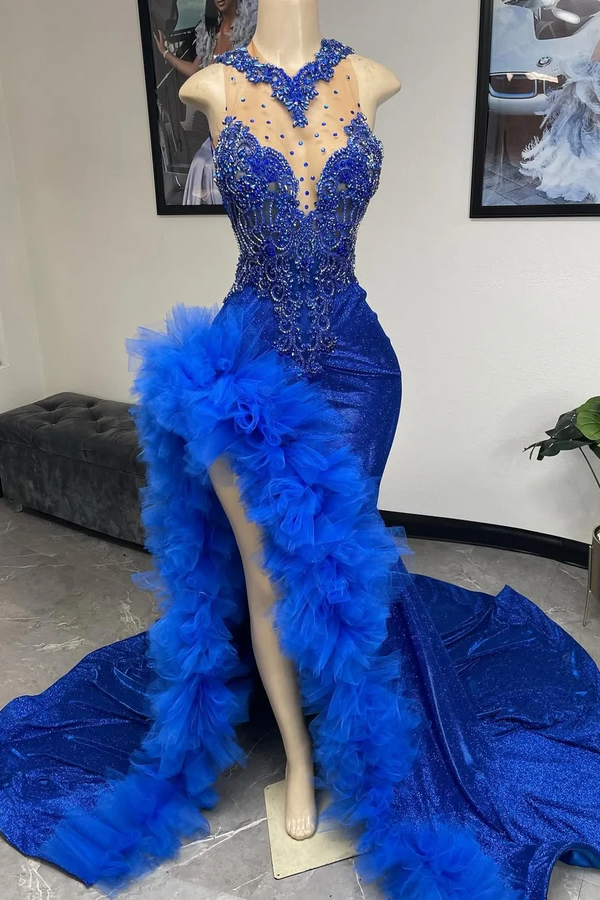 Royal Blue Ruffles High Split Court Train Sleeveless Long Mermaid Prom Dresses