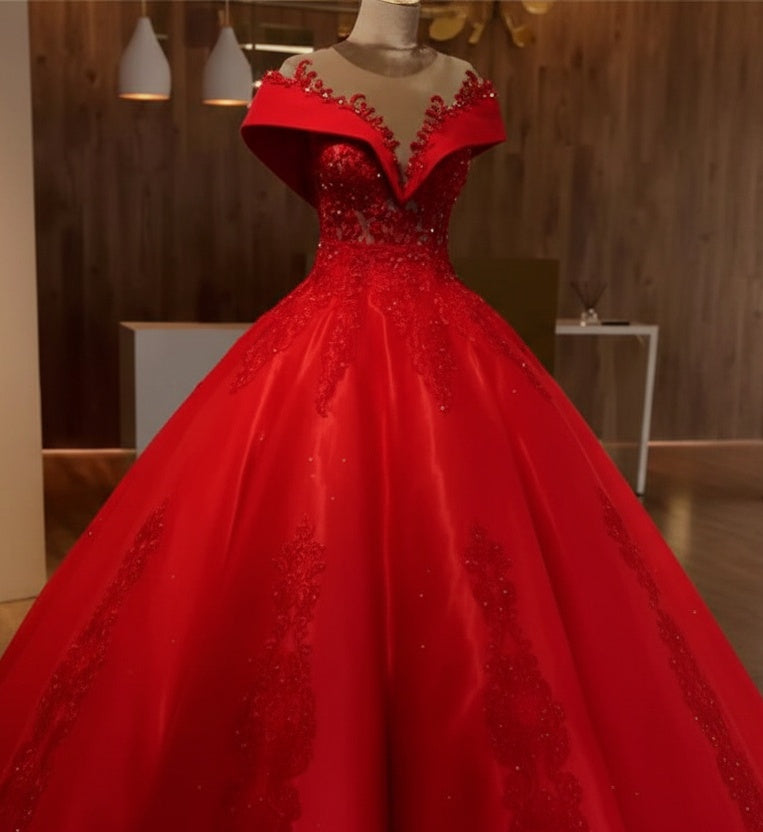 Scarlet Off-the-Shoulder Quinceanera Dresses Lace Crystal Puffy Ball Gown Evening Dress
