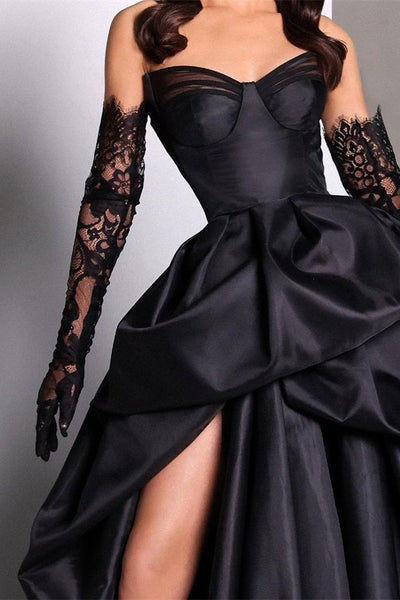 Sexy Black Long A-line Sweetheart Satin Formal Prom Dress With Slit