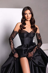 Sexy Black Long A-line Sweetheart Satin Formal Prom Dress With Slit