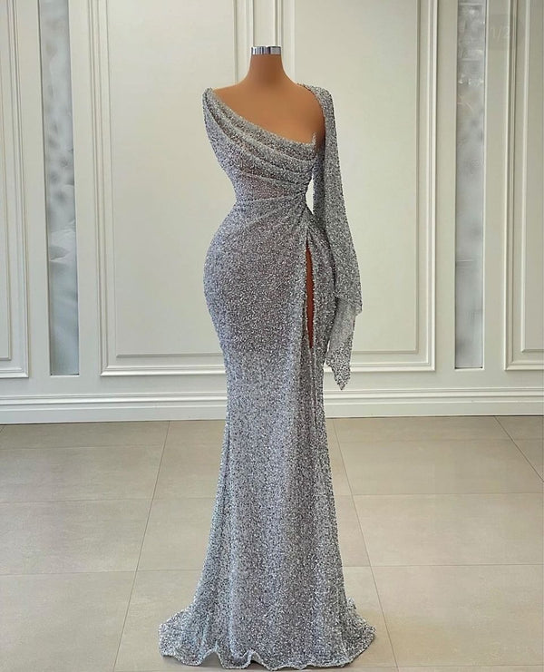 Sexy Long Mermaid One Shoulder Sequins Formal Prom Dress with Slit