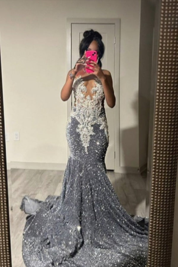 Silver Grey Long Mermaid Sequins Prom Dress With Beads