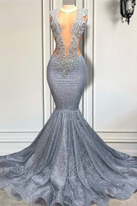 Silver Long Sequins Mermaid Formal Prom Dress With Beads