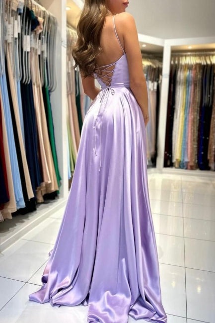 Simple Lilac Long A-line Sleeveless Backless Formal Prom Dresses