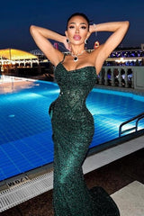 Dark Green Long Mermaid Spaghetti Straps Sparkly Prom Dresses With Slit