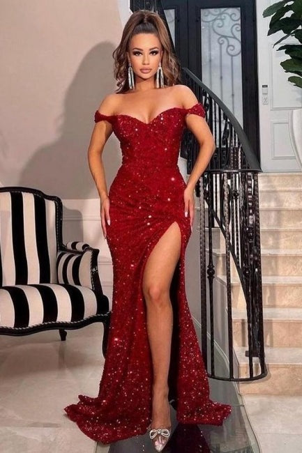 Long Mermaid Sparkly Off-the-shoulder Prom Dresses With Slit