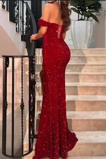 Long Mermaid Sparkly Off-the-shoulder Prom Dresses With Slit