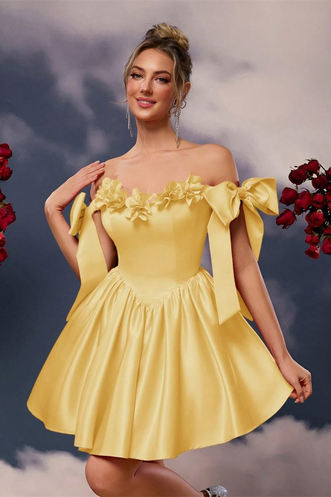Glamorous Yellow Satin Sleeveless Off-The-Shoulder Homecoming Dresses A-Line Mini With Flower Bowknot